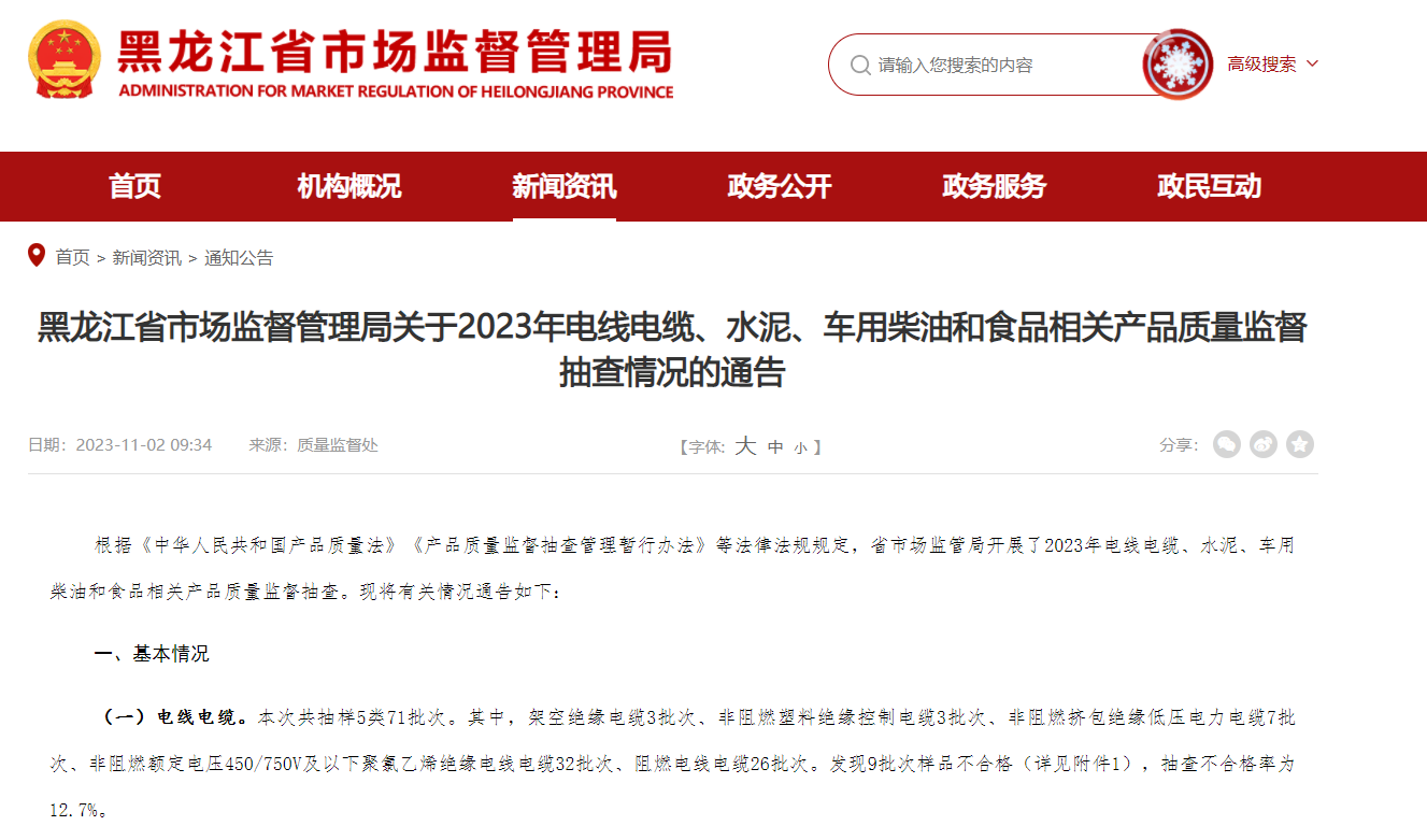 黑龙江省市场监督管理局发布电线电缆抽检结果不合格率12.7%